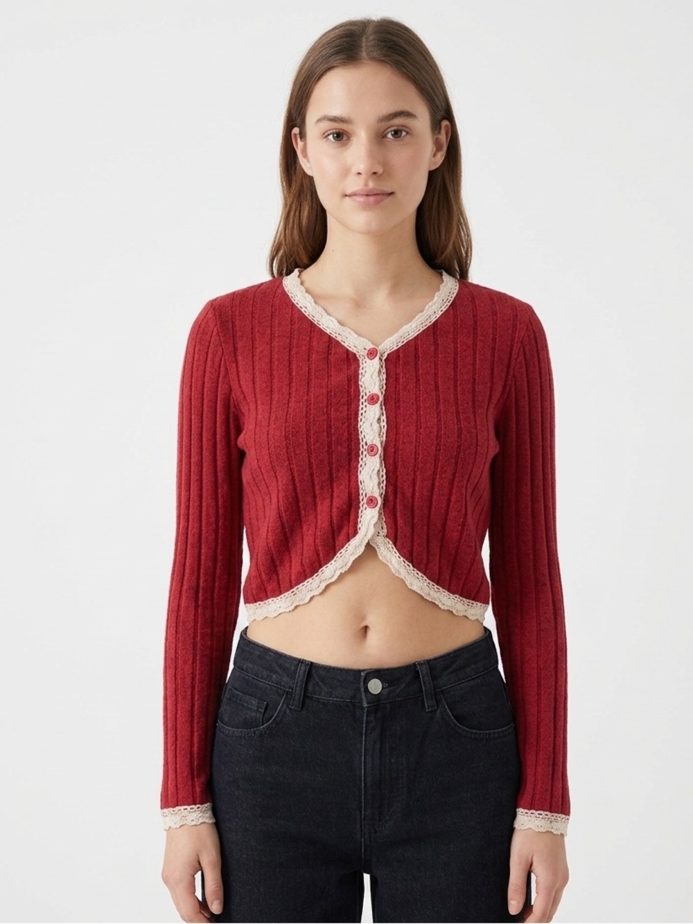 Vintage Ribbed Knit Cropped Cardigan Y2K Size S Fairycore Coquette Romantic Chic